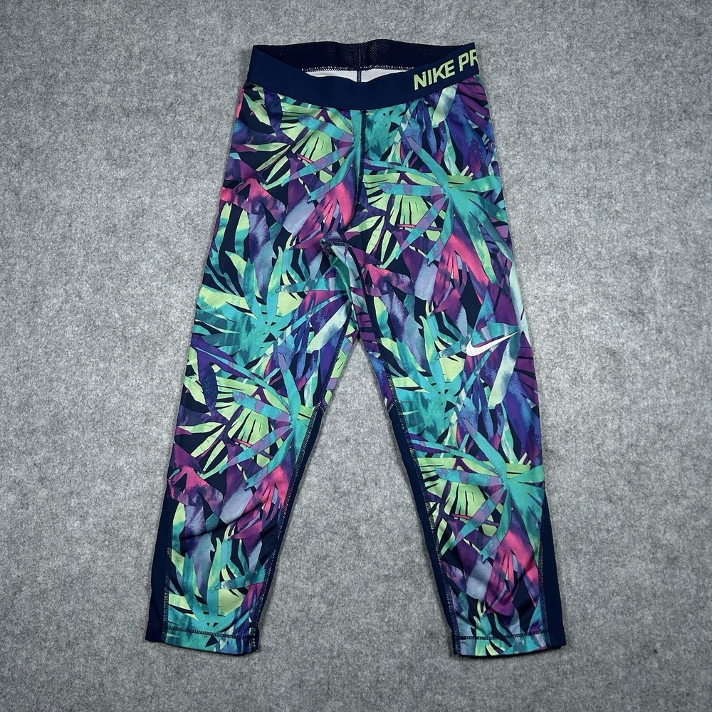 Nike Dri Fit Pro Womens Size Small Tropical Leaf‎ Floral Blue Leggings Athletic